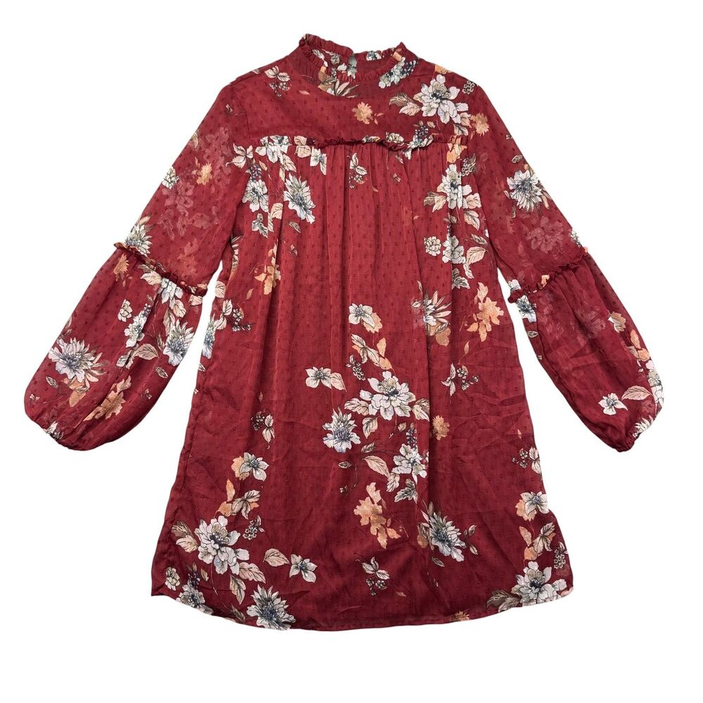 Japna Dress Women's Large Red Long Sleeve Floral Sheer Lined Lightweight Career
